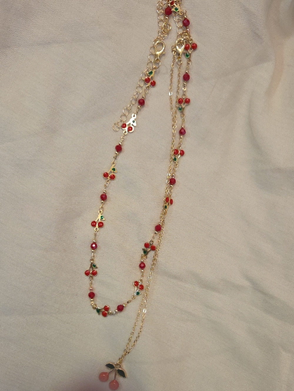 2 Piece Set Cherry Pendant Necklaces with Red Beads - Women Jewelry 14 And 16in